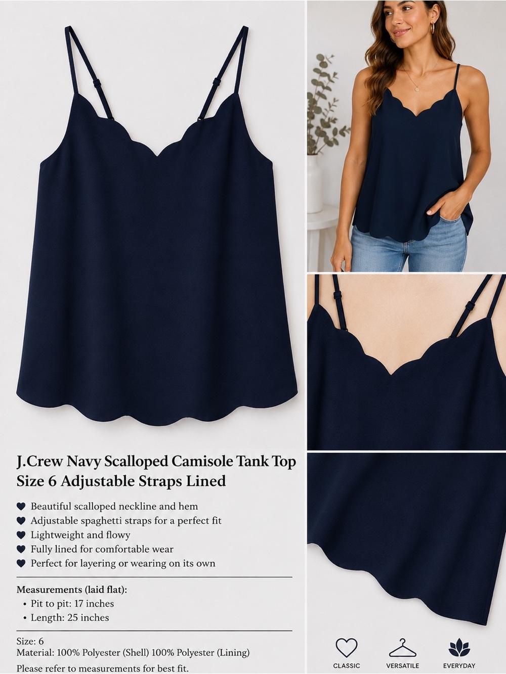 J.Crew Navy Scalloped Camisole Tank Top Size 6 Adjustable Straps Lined - Picture 3 of 8